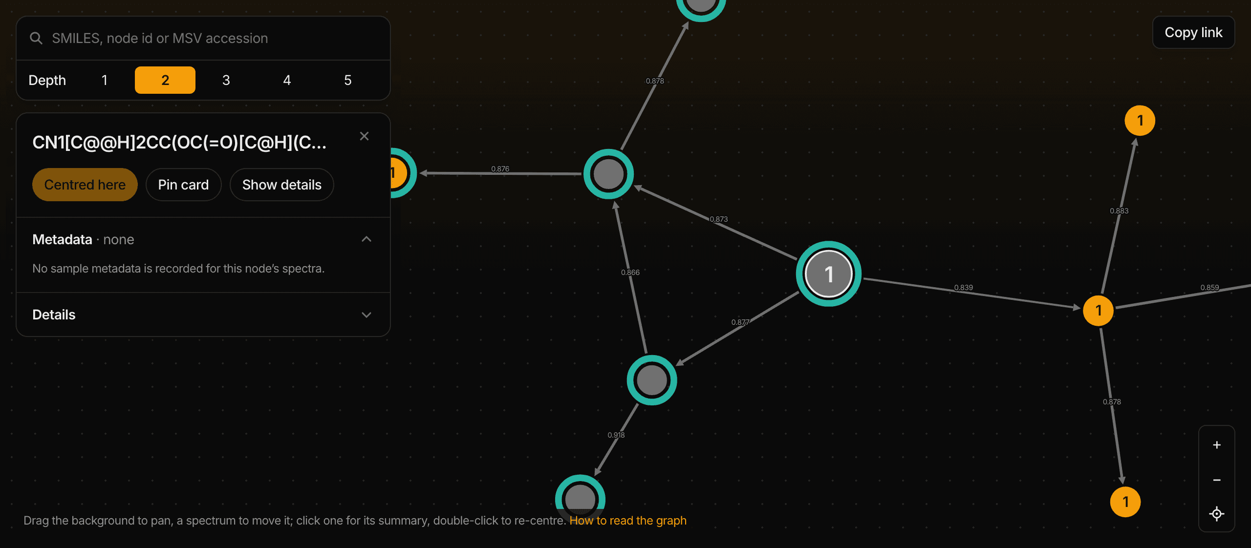 The DreaMS Atlas explorer: a spectrum and its nearest neighbours drawn as a force-directed graph.